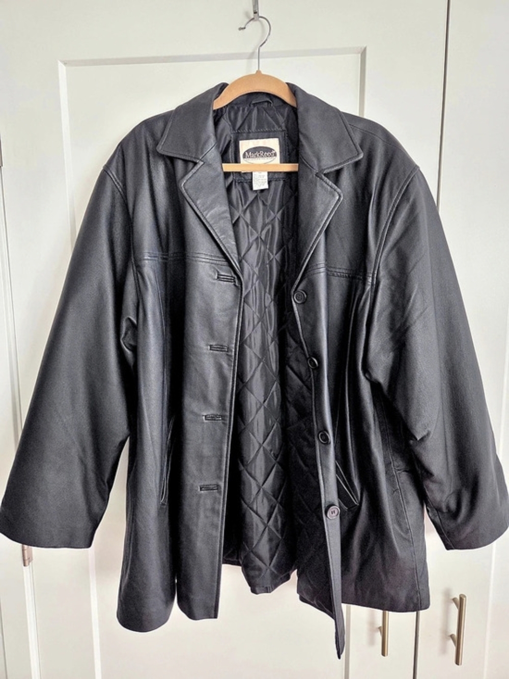 Mark Reed Vintage 90s Black Leather Jacket Coat Blazer 3X Mid Length Quilted
